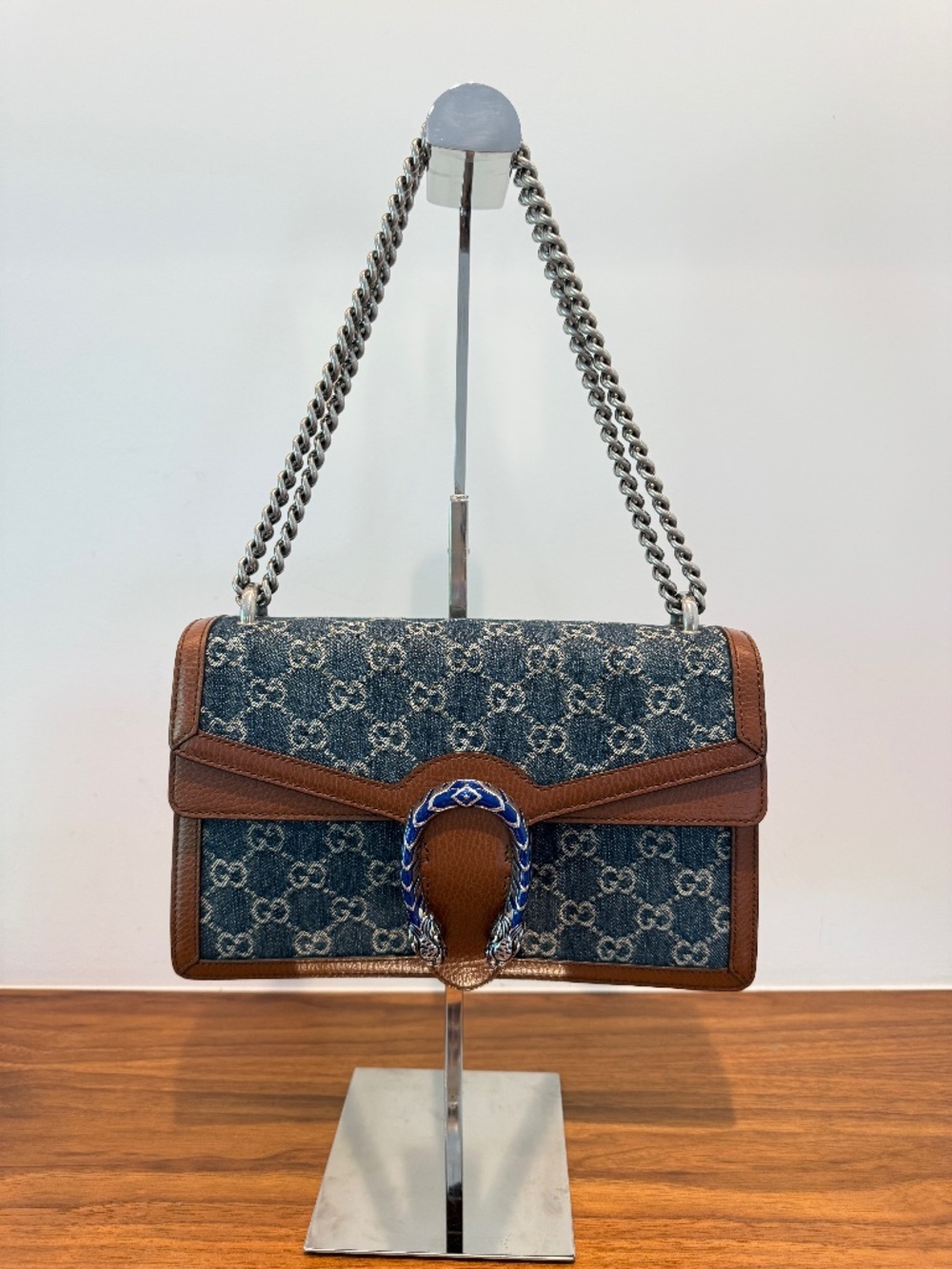 Gucci New Denim GG Monogram Dollar Calfskin Enamel Dionysus Shoulder Bag Blue Te